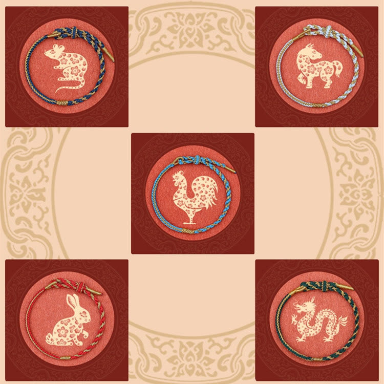 Handmade Chinese Zodiac Rabbit Rooster Rat Horse Dragon Protection Braid String Bracelet