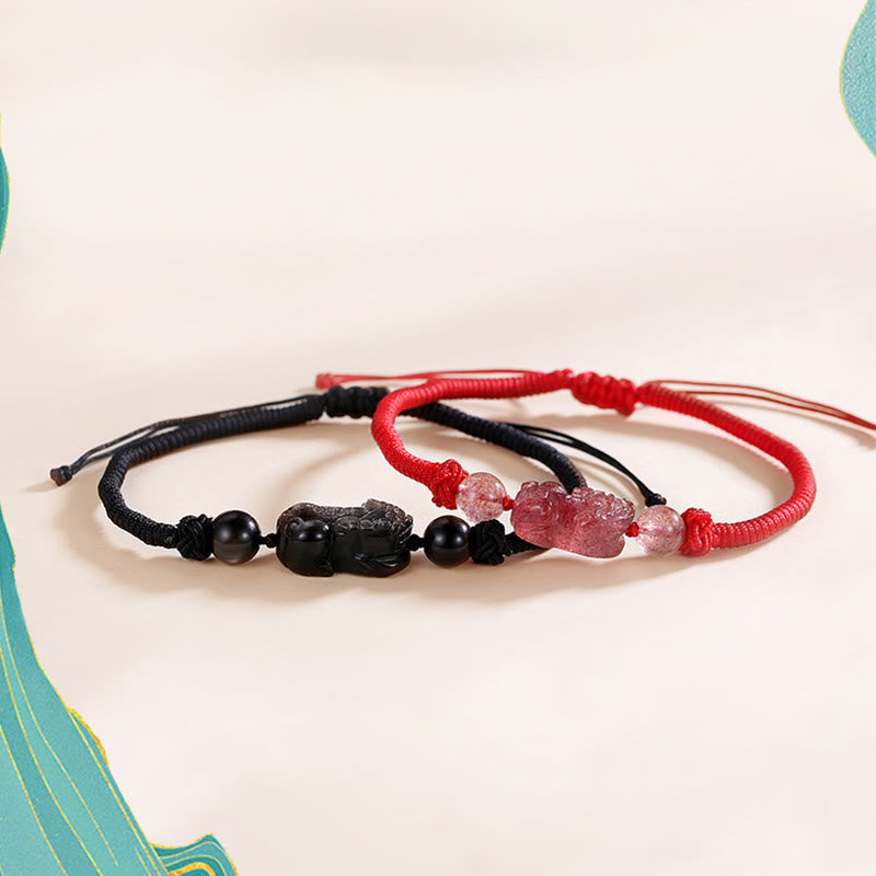 Handmade Natural Silver Sheen Obsidian Strawberry Quartz PiXiu Protection Braided Bracelet