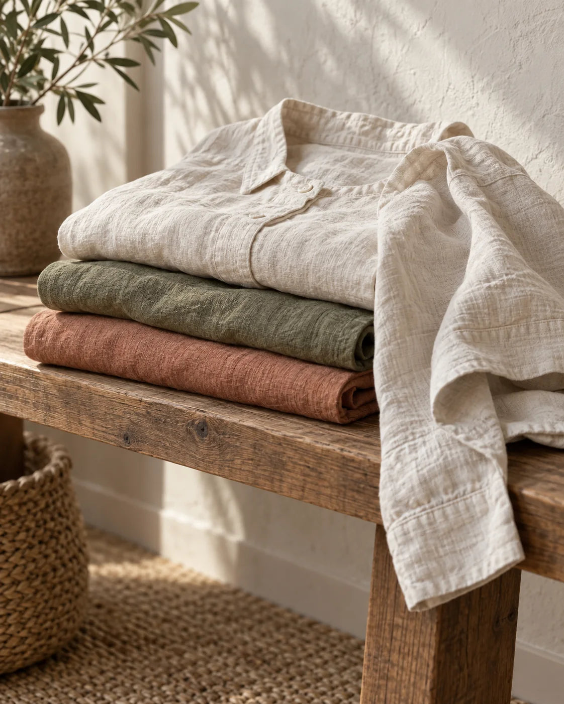 Folded natural-fiber apparel in earth tones