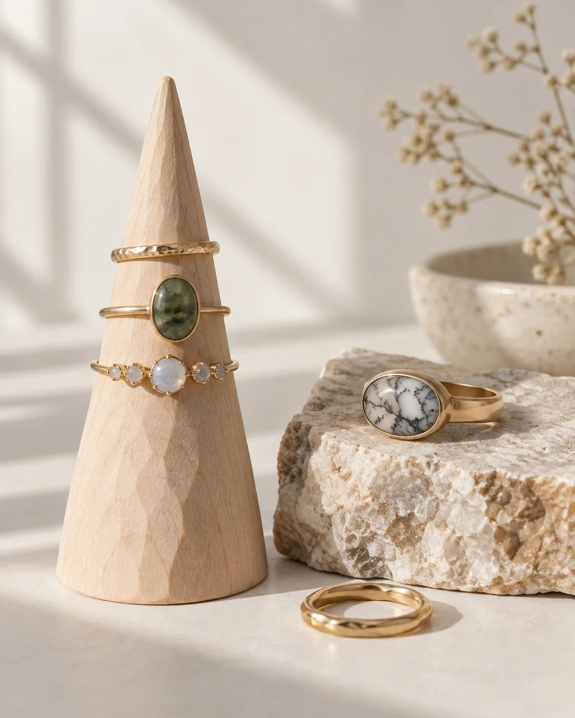 Natural stone and warm metal rings