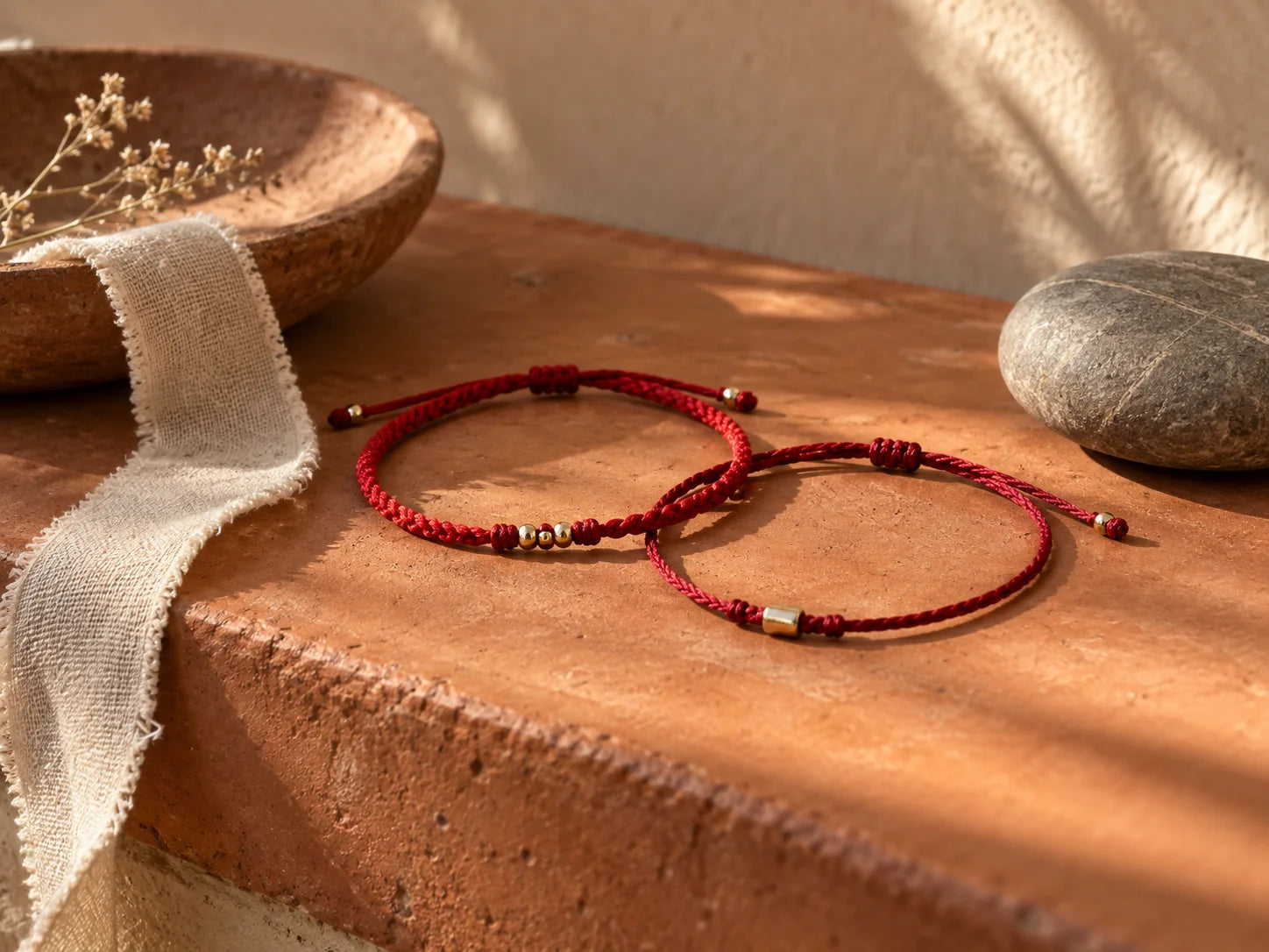 Rose-toned stone jewelry arranged on warm linen