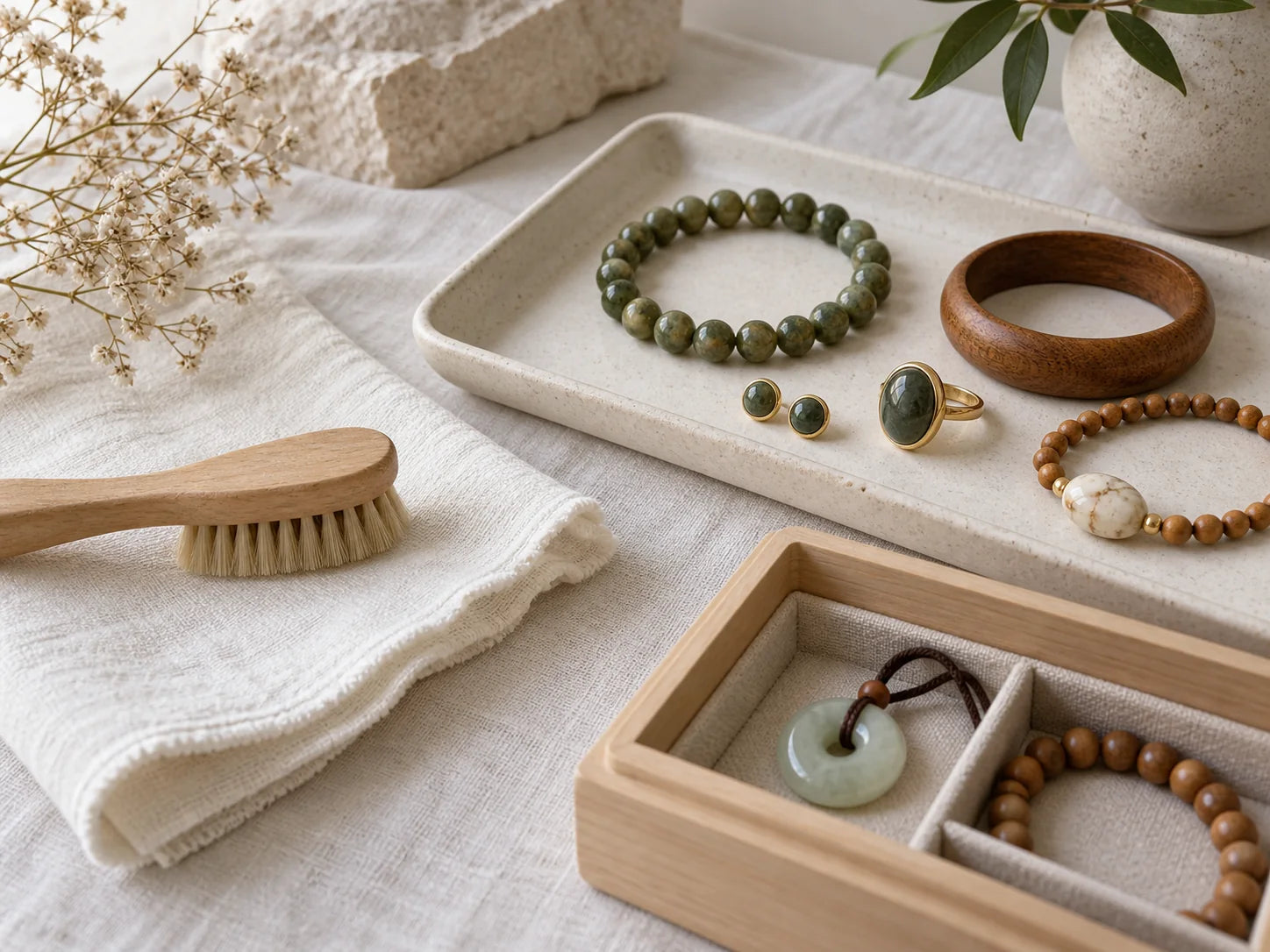 Natural jewelry care tools and organized storage