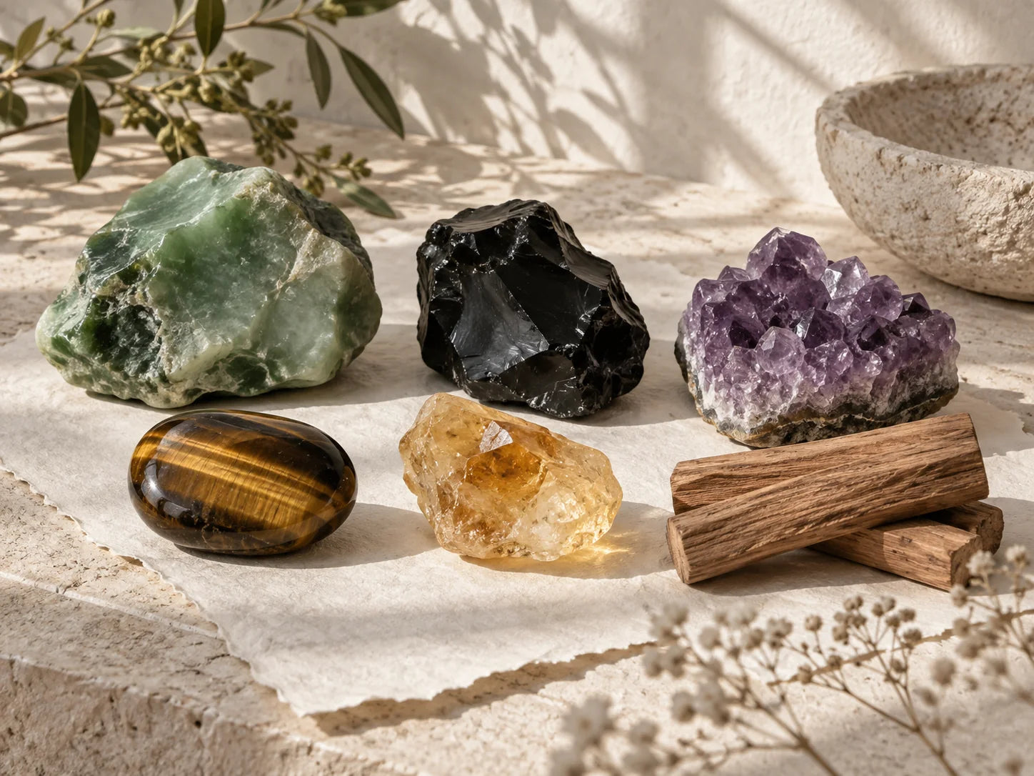 Jade, obsidian, amethyst, tiger's eye, citrine, and sandalwood study