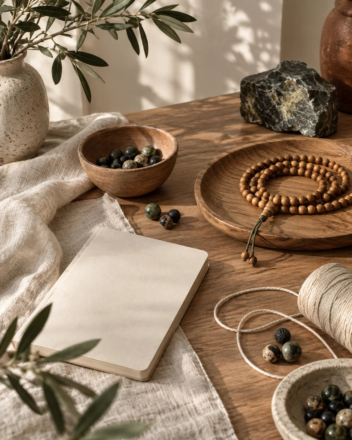 Natural stones, sandalwood beads, cotton cord, and a blank notebook in a quiet studio
